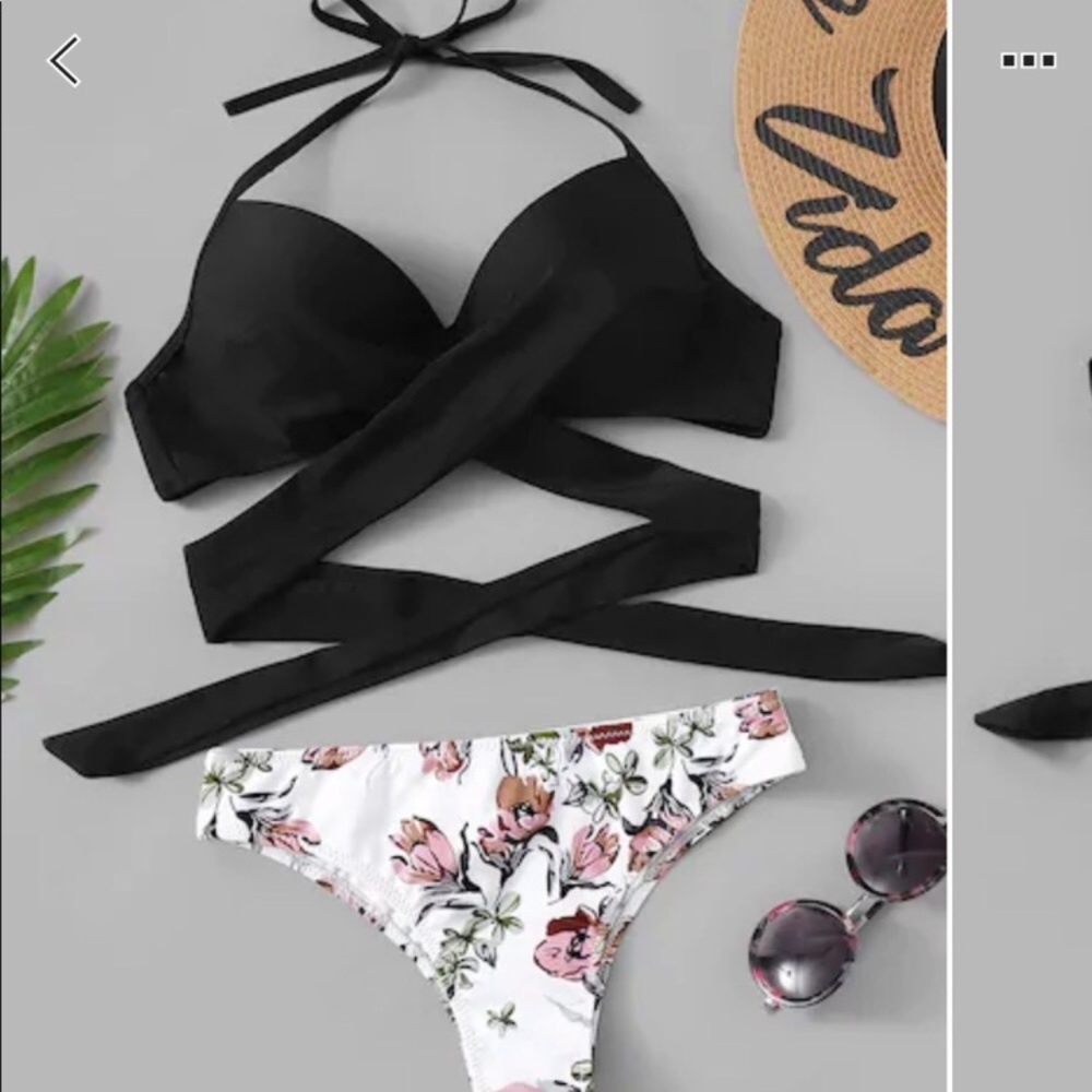 Black wrap bikini with floral bottoms